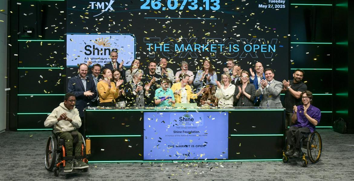 Shine team, Dreamers and supporters celebrating with confetti at the opening bell of the TSX
