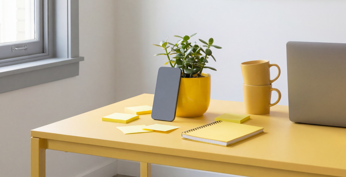 Yellow office desk with working supplies