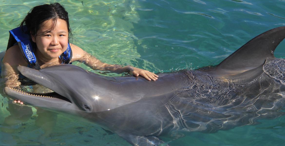 Amy wearing a life jacket floating in the water petting a dolphin on its back