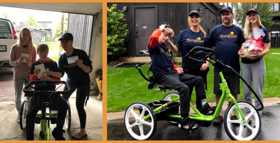 Ethan seated on green recumbent bike showing both front and side angles while surrounded by family