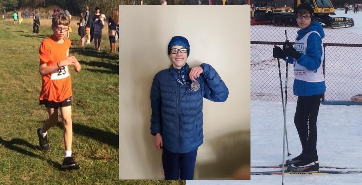 Three images of James participating in running competitions throughout the years