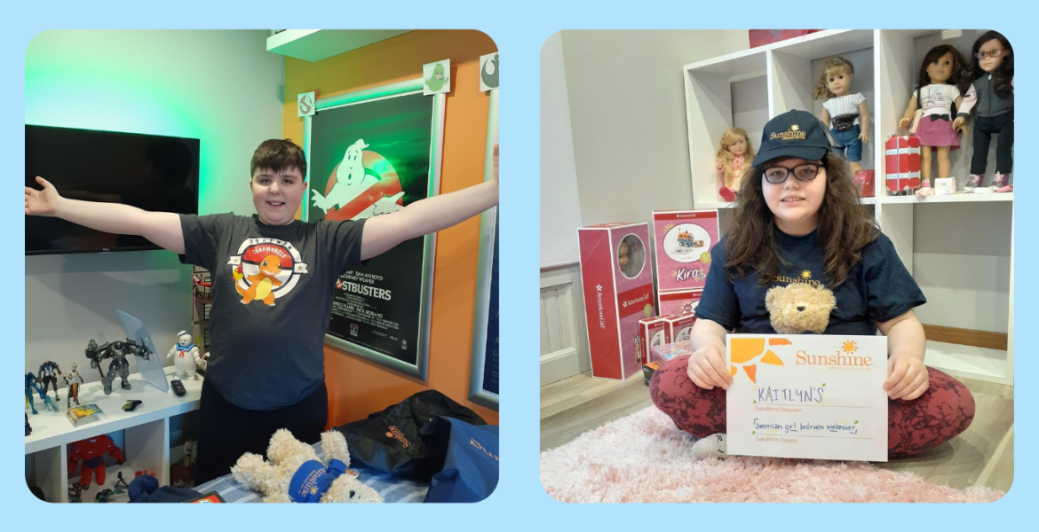 Liam on left with arms spread open to show off new Ghostbusters themed bedroom and sister Kaitlyn on right smiles in front of American Girl Dolls