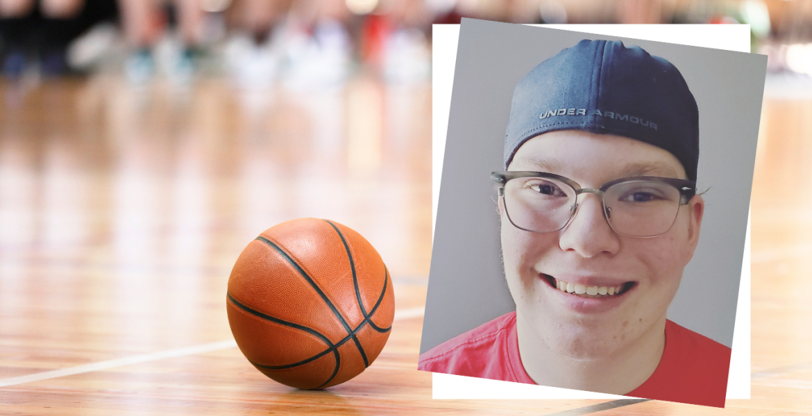 Headshot of Samuel next to a basketball
